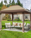 13x13 Pop Up Gazebo With Mosquito Netting, Double Roof Design And Adjustable Height For No-Fuss Setup in a backyard