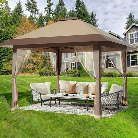 13x13 Pop Up Gazebo With Mosquito Netting, Double Roof Design And Adjustable Height For No-Fuss Setup in a backyard