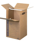 Heavy Duty Tape Free Wardrobe Moving Boxes 3 Pack With Sturdy Hanging Rail And Grippy Handles, large open cardboard box.