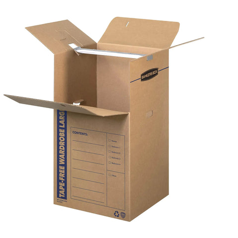 Heavy Duty Tape Free Wardrobe Moving Boxes 3 Pack With Sturdy Hanging Rail And Grippy Handles, large open cardboard box.