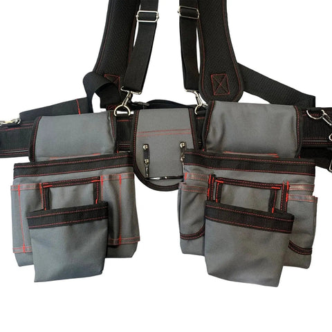 Professional Carpenter Tool Belt With Adjustable Suspenders Multi Pocket Hammer Loop And Built Tough Weight Distribution For The Daily Jobsite Grind. Gray canvas tool belt with multiple pockets and heavy-duty suspenders.