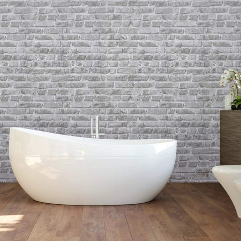 Modern bathroom featuring Grey Faux Brick Peel And Stick Wallpaper Roll 17.7 By 472 Inches Self Adhesive Vinyl Film for decor