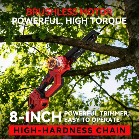 Heavy Duty 4 In 1 Cordless Pole Saw And 8 Inch Electric Chainsaw With Badass Pruning Shears Plus Two Long Lasting Batteries For Tough Outdoor Gardening Tasks in use on tree branch.