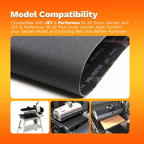 120 Grit Silicone Carbide Drum Sander Belt 16-1/4 x 43-1/2 inches shown with compatibility for Jet and Performax 16-32 drum sanders