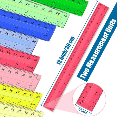 32 Pack 12 Inch Plastic Rulers Set With Transparent Colorful Dual Sided Measuring Tool Featuring Inches Centimeters And Millimeters