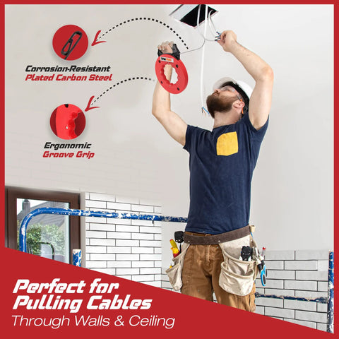 Electrician using Fish Tape Wire Puller 50ft With Double Loop Tip And Built-In Thumb Lock for electrical work in ceiling.