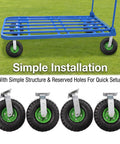 Heavy Duty 8 Inch Pneumatic Wheel Casters Set Of 4 With Thick Rubber Tires And Built Tough Galvanized Brackets showcasing smooth rolling on blue cart.