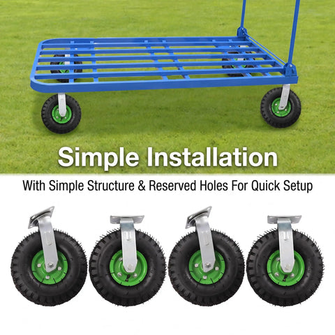 Set Of Four 10 Inch Heavy Duty Caster Wheels Featuring Shock Absorbing Pneumatic Tires And Dual Ball Bearings for easy installation on utility cart.
