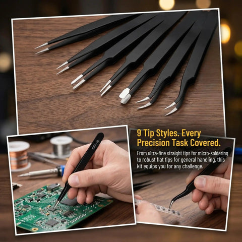 Must Have Pro Grade Precision Tweezers Kit, 10 Piece, ESD Safe Stainless Steel Fine Tip Set With Storage Bag And Pry Tool For Electronics Repair, Soldering, Jewelry Making, Lab And Model Work