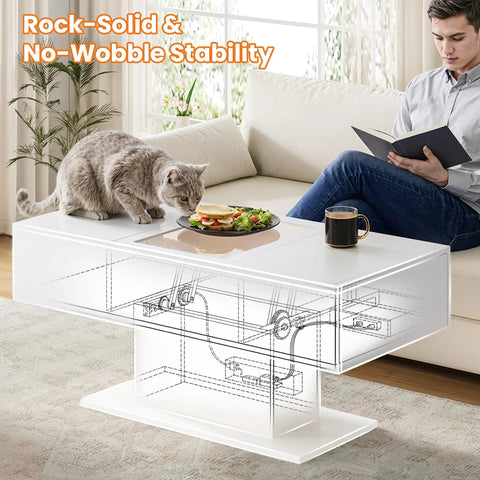 44 Inch LED Coffee Table with 3 Drawers, LED Lights, USB Charging Station in use, with cat and snack on the top, living room setting