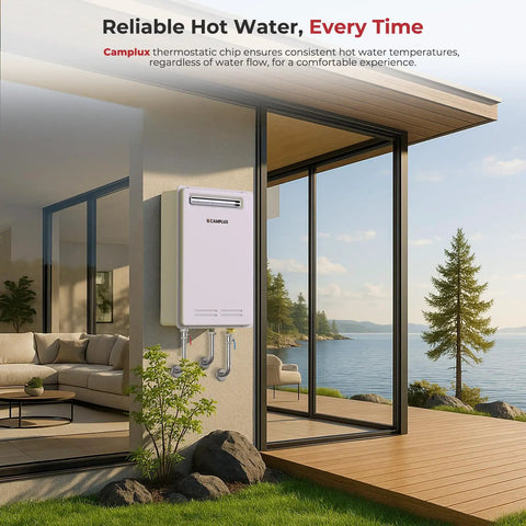 No Sweat Propane Tankless Water Heater For Outdoor Camping And Tailgating Delivering Instant Hot Flow Up To 8.4 Gpm And 199000 Btu mounted outdoors