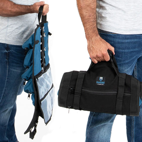 Man holding Titan23-XL Tool Roll And Organizer; open with visible pockets; another wrapped showing exterior design.