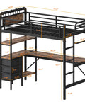 Solid Twin Loft Bed Setup With L Shaped Desk And Warm LED Lights, Heavy Duty Metal Frame With Fast Charge Port, Ample Storage Shelves, Cozy Fabric Drawers, Safe Railing, Sturdy Ladder, Vintage Brown Finish dimensions shown