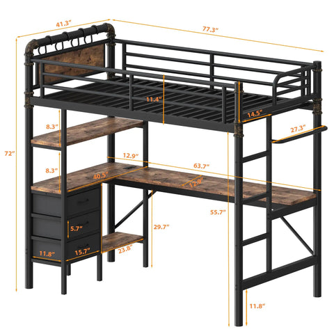 Solid Twin Loft Bed Setup With L Shaped Desk And Warm LED Lights, Heavy Duty Metal Frame With Fast Charge Port, Ample Storage Shelves, Cozy Fabric Drawers, Safe Railing, Sturdy Ladder, Vintage Brown Finish dimensions shown