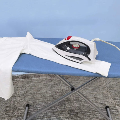 Ironing Board Cover And Pad For Standard Size 13 To 15 Inch Wide And 53 To 54 Inch Long Thick Padding With Elastic Edge And Silicone Coating Resists Scorching Adjustable Fastener Heavy Duty Padded Ironing Board Cover In Blue with iron on white fabric