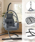Hangin' Egg Chair With Stand, Wicker Rattan Swing Chair 360 Degree Swivel, Cushions, Heavy Duty Iron Frame Indoor and Outdoor Grey