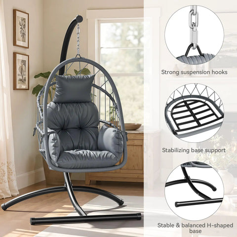 Hangin' Egg Chair With Stand, Wicker Rattan Swing Chair 360 Degree Swivel, Cushions, Heavy Duty Iron Frame Indoor and Outdoor Grey