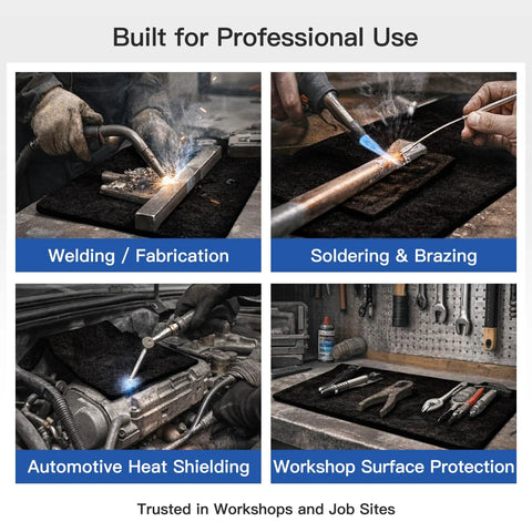 Two Pack 10x10 Inch Fireproof Welding Blanket Set, Carbon Felt Soldering Mat and Pad, ASTM D6413 Certified in use for various tasks.