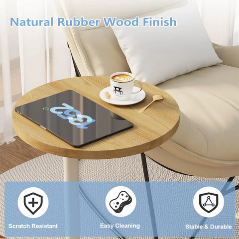 C Shaped Round End Table With Metal Legs For Couch, Rustic Oak Finish, holding coffee cup and tablet, in cozy living space