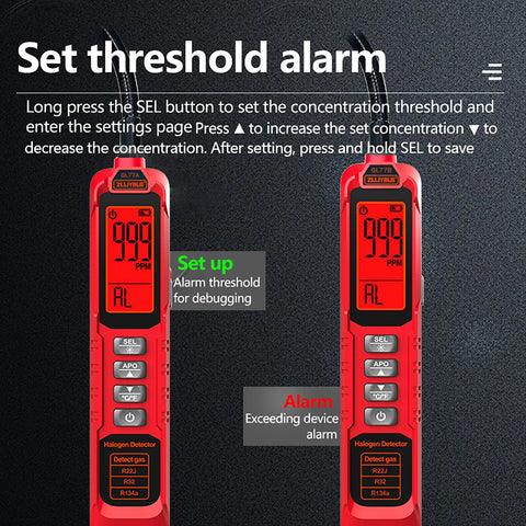 Two red handheld halogen leak detectors with digital displays reading 999 PPM