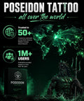 Poseidon Tattoo graphic with global map highlighting customer trust in 50+ regions and support for 1M+ users, featuring Poseidon statue.