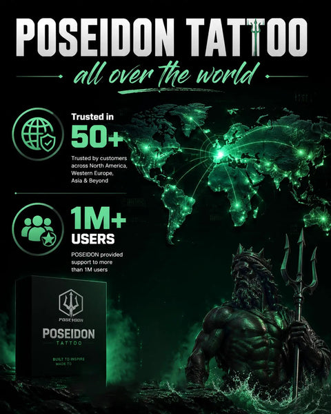 Poseidon Tattoo graphic with global map highlighting customer trust in 50+ regions and support for 1M+ users, featuring Poseidon statue.