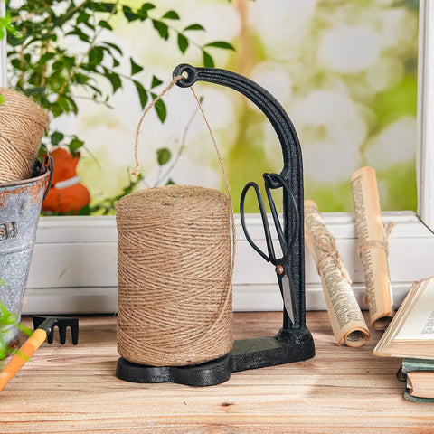 Cast Iron Twine Holder Set With 1300ft Natural Jute Twine, Rope Rack And Scissors, Antique Sewing Machine Style, Black Finish