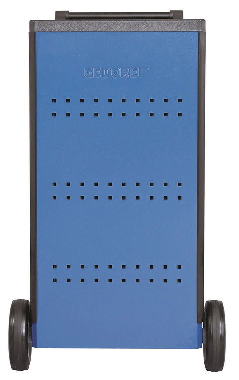 Mobile Tool Cart With Eight Deep Drawers Rock Solid Build Smooth Glide Casters Heavy Duty Workshop Organizer back view showing blue finish.