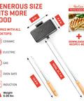 XL Cast Iron Pie Iron Sandwich Maker For Campfire Cooking image with dimensions and wooden handle, includes recipe ebook