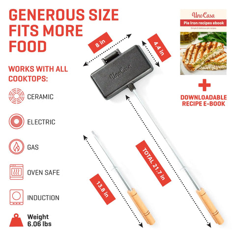 XL Cast Iron Pie Iron Sandwich Maker For Campfire Cooking image with dimensions and wooden handle, includes recipe ebook