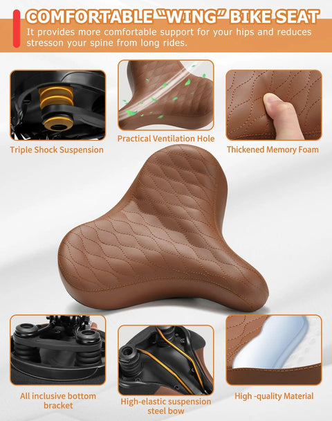 Wide Comfort Bike Saddle For Men And Women With Extra Large Winged Padding, memory foam, ventilation holes, suspension.