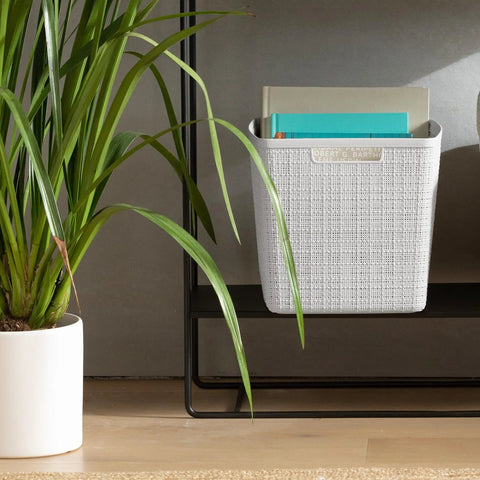 Set Of 4 Large Cube Storage Baskets With 17L Capacity, Jute Look Resin Bins for easy home organization on a shelf next to a plant