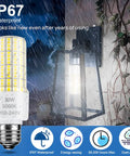 Two Pack 30W LED Corn Light Bulbs, 3750 Lumen, 5000K Cool Daylight shown installed in outdoor lantern, IP67 waterproof