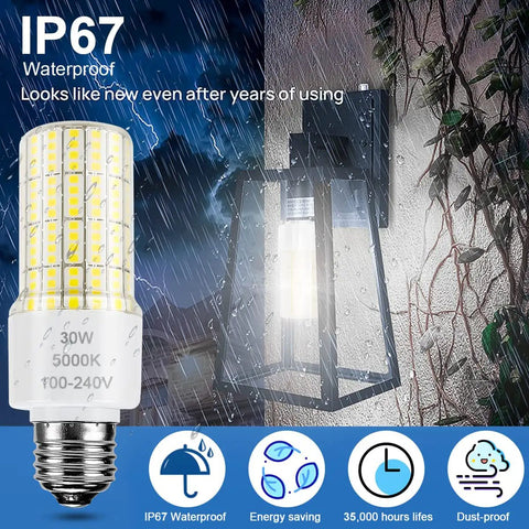 Two Pack 30W LED Corn Light Bulbs, 3750 Lumen, 5000K Cool Daylight shown installed in outdoor lantern, IP67 waterproof