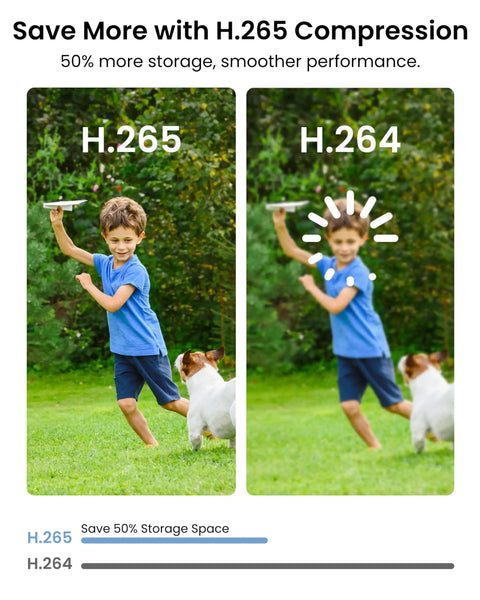 Comparison of image quality between H.265 and H.264 showing a boy running with a dog; H.265 offers smoother performance.
