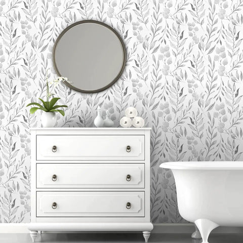 Gray Leaf Peel and Stick Wallpaper Dope Look Floral Self Adhesive Watercolor Leaves for Cabinets and Walls in bathroom