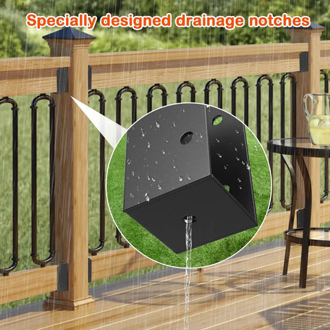 Must Have Heavy Duty Steel Deck Railing Bracket Kit, 24 Pack Connectors For 2x4 Wood Posts with drainage notches shown outdoors