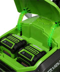 40V Cordless 21-Inch Brushless Push Mower With Dual 4.0Ah And 2.0Ah USB Batteries, Charger Included, Automatic Battery Switch-Over For Longer Run Time, Easy One-Lever 7-Position Height Adjustment. Close-up of dual Greenworks batteries in mower compartment.