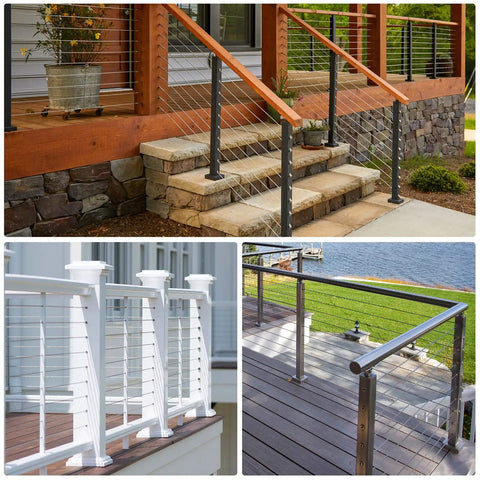 Composite image of stair and deck railings using One Eighth Inch Black Stainless Steel Deck Cable 300 Ft With Cutter Built Tough Heavy Duty Wire Rope For DIY Deck Or Stair Cabling Projects Corrosion Resistant 1460 Lbs Pull 1800 Lbs Break.