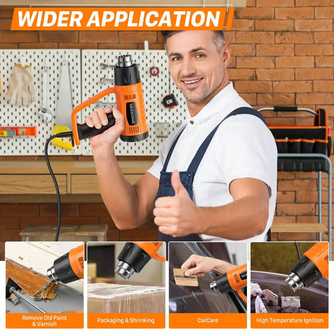 Man holding Powerful 1800W Heat Gun With Dual Temps 752F And 1112F, Four Nozzles, Overheat Protection for DIY projects in workshop