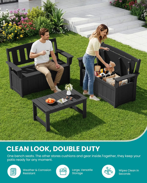 Two people using HDPE Outdoor Storage Bench With 57 Gallon Dual Use Seat And Organizer in a garden setting, black color.