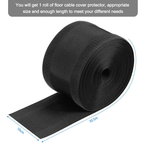 Black floor cord protector for carpet and office cables, 4 inch by 100 feet, rolled for easy storage and cable management.