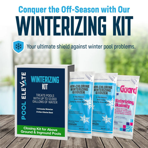 Winterizing Kit For Pools Up To 12,000 Gallons with shock, oxidizer, and winterizer packets for above ground and in ground pools.