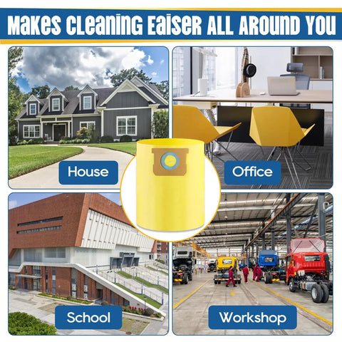 Collage of house, office, school, and workshop with yellow 12 Pack 10 To 14 Gallon Vacuum Bags For Wet Dry Vacuums in center.