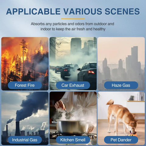 Image of six scenes: forest fire, car exhaust, haze gas, industrial gas, kitchen smell, pet dander, use with Six Pack HEPA Air Purifier Filter Replacement R Style For HPA100 HPA200 HPA300 And 5000 Series Purifiers R3 R2 R1 Compatible