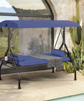 Three In One Outdoor Porch Swing Bed With Canopy Three Seat Patio Glider Cushioned Swing With Cup Holders And Pillows In Dark Blue