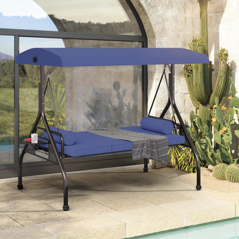 Three In One Outdoor Porch Swing Bed With Canopy Three Seat Patio Glider Cushioned Swing With Cup Holders And Pillows In Dark Blue
