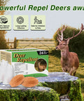 Box of 24-pack deer repellent by a gate with a deer, product packaging and usage icons visible.