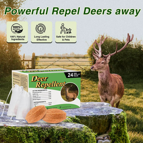 Box of 24-pack deer repellent by a gate with a deer, product packaging and usage icons visible.