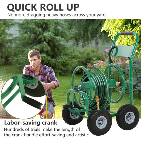 Man using Heavy Duty Garden Hose Reel Cart Holds Up To 300 Feet Of Hose, Tough Four Wheel System With Built In Storage